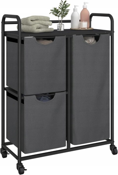 Kosz Na Pranie Wolnostojący Na Kółkach 3 Przegrody Półka Uniwersalny Szary