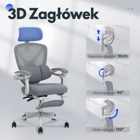 Krzesło Biurowe Ergonomiczne odchylane o 135° lędźwiowe i podnóżek, szare