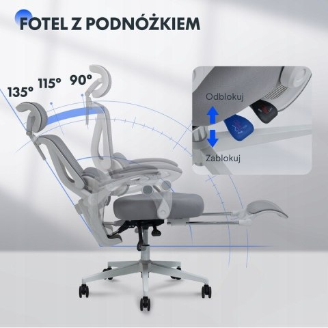 Krzesło Biurowe Ergonomiczne odchylane o 135° lędźwiowe i podnóżek, szare