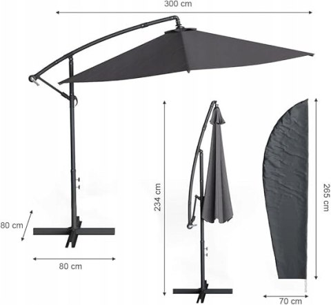 Parasol Ogrodowy Wspornikowy Ze Stojakiem O Średnicy 300cm kolor antracyt