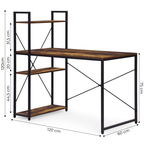 Biurko komputerowe szkolne 120x60 cm regał z 3 półkami postarzany orzech loft ModernHome ModernHome