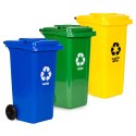 Zestaw 3 koszy na śmieci pojemniki 3x120L niebieski zielony żółty makulatura szkło plastik gumowe koła MULTISTORE