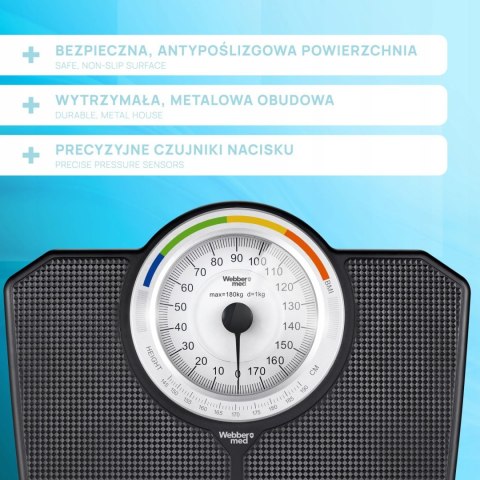 Klasyczna waga łazienkowa mechaniczna analogowa do 180 kg czarna WEBBER BMI ELDOM