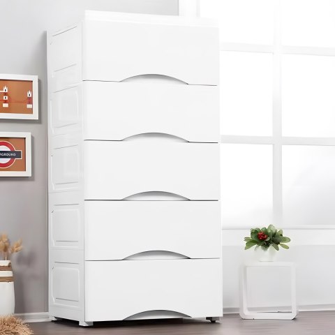 Regał z 5 wysuwanymi szufladami nogi z kółkami biały ModernHome ModernHome