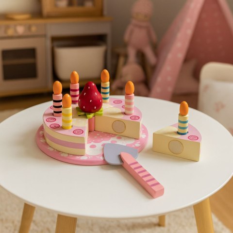 Zestaw drewniany tort na rzepy świeczki truskawka dla dzieci 15 elementów ECOTOYS ECOTOYS