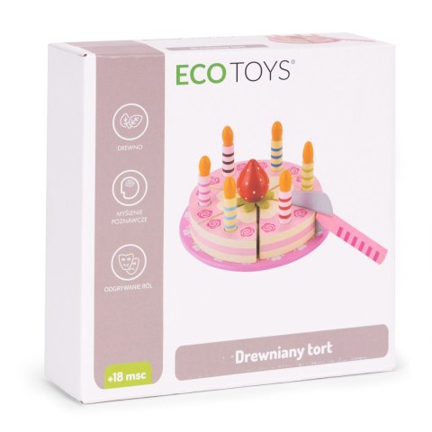 Zestaw drewniany tort na rzepy świeczki truskawka dla dzieci 15 elementów ECOTOYS ECOTOYS