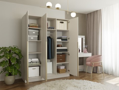 SZAFA SENSO 3D 150 CM 3 DRZWI ZŁOTE UCHWYTY DO SALONU SYPIALNI KASZMIR BEŻ