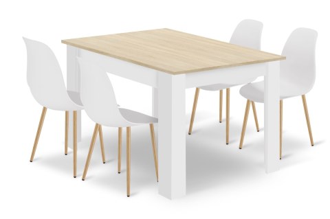Zestaw Stół NP 120x80cm Dąb Sonoma + Biały + 4 krzesła WAT białe / nogi naturalne