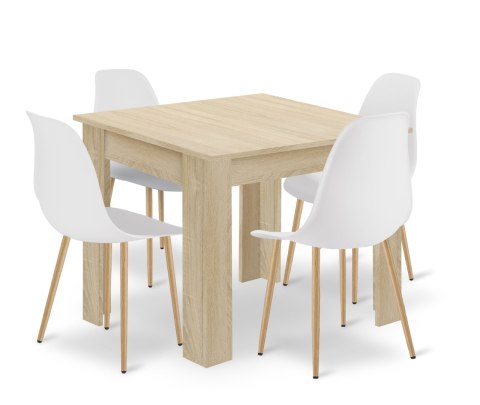 Zestaw Stół NP 80x80cm Dąb Sonoma + 4 krzesła WAT białe / nogi naturalne