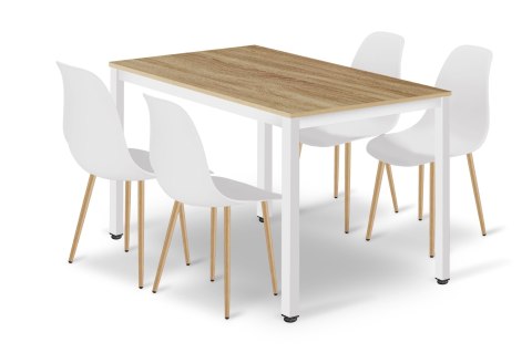 Zestaw Stół TESSA 120cm x 60cm - dąb / białe nogi + 4 krzesła WAT białe / nogi naturalne
