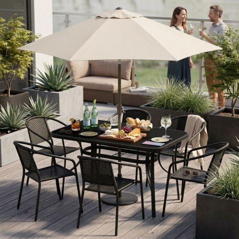 Stół ogrodowy 140x80 cm szkło hartowane otwór na parasol czarny MultiGarden MultiGarden