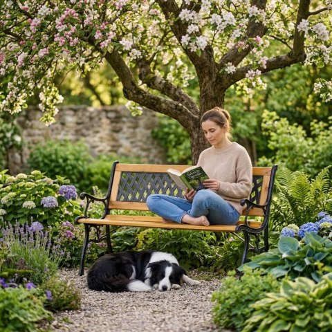 Drewniana ławka ogrodowa 126x51 cm z ażurowym oparciem i żeliwnymi nogami parkowa MultiGarden MultiGarden