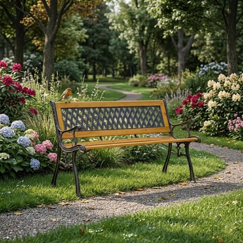 Drewniana ławka ogrodowa 126x51 cm z ażurowym oparciem i żeliwnymi nogami parkowa MultiGarden MultiGarden