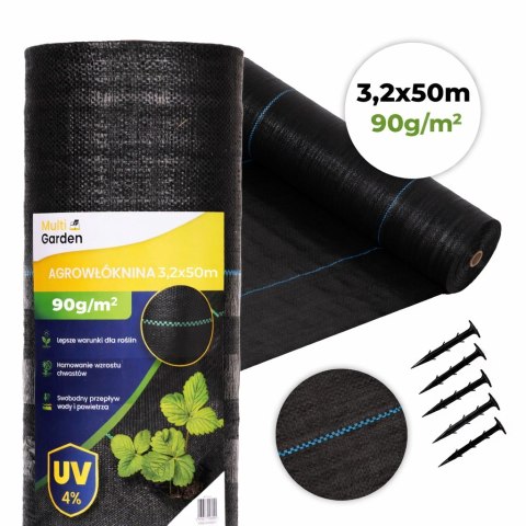 Agrowłóknina czarna agrotkanina UV 90g mata antychwastowa 3,2x50m kołki MulltiGarden MultiGarden