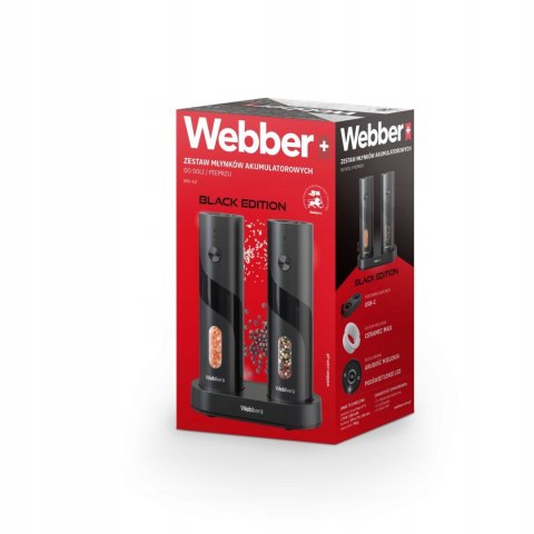 Elektryczny młynek do soli i pieprzu akumulatorowy USB zestaw 2 sztuki regulacja mielenia podświetlenie WEBBER