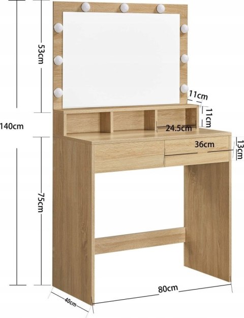 Duża toaletka kosmetyczna lustro oświetlenie LED szuflady dąb sonoma LEOBERT