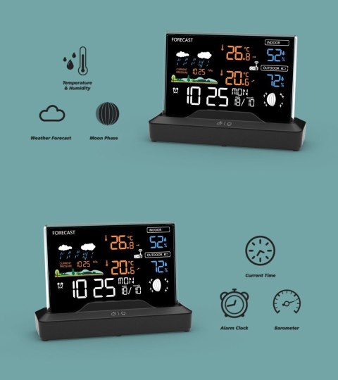 Stacja pogodowa podświetlana wyświetlacz LCD bezprzewodowa z czujnikiem zewnętrznym termometr barometr zegar LONGWELL INDUSTRIAL LTD