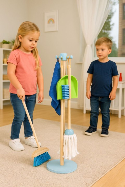 Drewniany zestaw do sprzątania dla dzieci mop zmiotka z szufelką 7 elementów ECOTOYS ECOTOYS