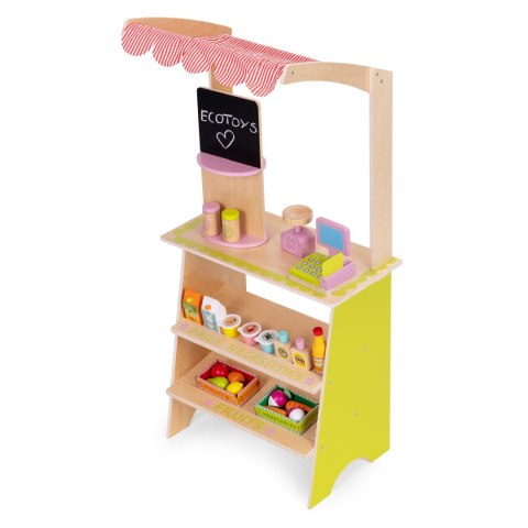 Duży drewniany stragan dla dzieci sklep z terminalem i wagą owoce warzywa 20 elementów ECOTOYS ECOTOYS