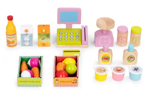 Duży drewniany stragan dla dzieci sklep z terminalem i wagą owoce warzywa 20 elementów ECOTOYS ECOTOYS