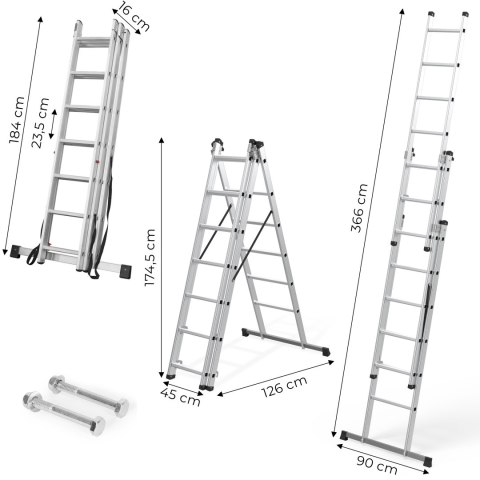 Drabina aluminiowa wielofunkcyjna 3x7 składana z pasami zabezpieczającymi 150 kg ModernHome ModernHome