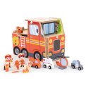 Drewniany garaż zestaw straży pożarnej 2w1 - remiza i wóz 2 piętra figurki pojazdy ECOTOYS ECOTOYS
