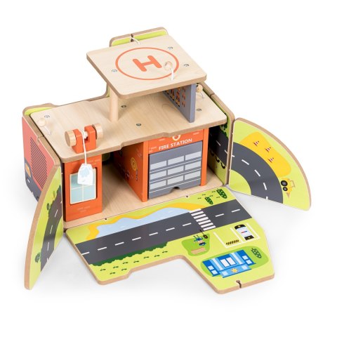 Drewniany garaż zestaw straży pożarnej 2w1 - remiza i wóz 2 piętra figurki pojazdy ECOTOYS ECOTOYS