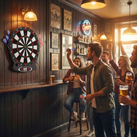 Elektroniczna tarcza do darta gry w rzutki lotki tablica LCD 38 cm 18 gier zestaw 6 rzutek MULTISTORE