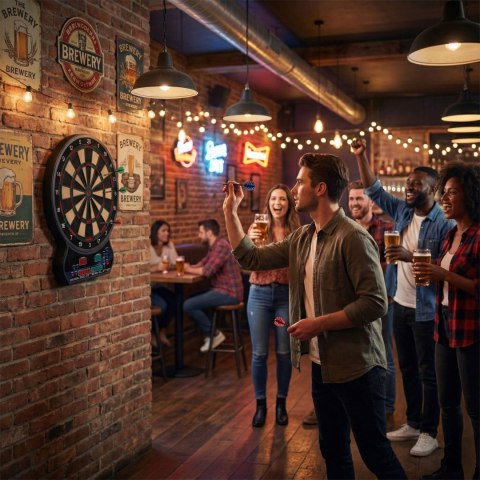 Elektroniczna tarcza do darta gry w rzutki lotki tablica LCD 42 cm 27 gier zestaw 12 rzutek MULTISTORE