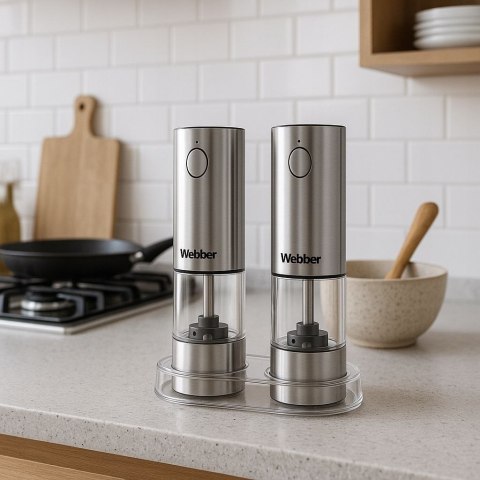 Elektryczny młynek do soli i pieprzu akumulatorowy USB zestaw 2 sztuki regulacja mielenia podświetlenie WEBBER