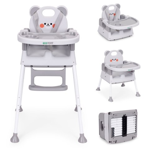 Fotelik krzesełko do karmienia dzieci 3w1 podwójna tacka 5-punktowe pasy szary ECOTOYS ECOTOYS