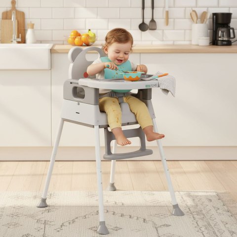 Fotelik krzesełko do karmienia dzieci 3w1 podwójna tacka 5-punktowe pasy szary ECOTOYS ECOTOYS