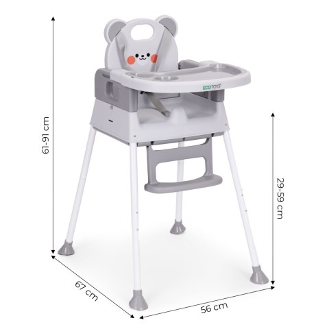 Fotelik krzesełko do karmienia dzieci 3w1 podwójna tacka 5-punktowe pasy szary ECOTOYS ECOTOYS
