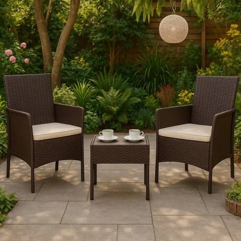 Zestaw mebli ogrodowych 2 fotele + stolik szkło hartowane brązowy MultiGarden MultiGarden