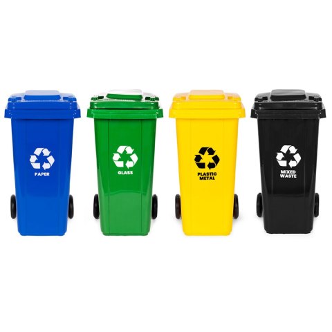 Zestaw 4 koszy na śmieci pojemniki 4x120L niebieski zielony żółty czarny makulatura szkło plastik odpady zmieszane gumowe koła MULTISTORE