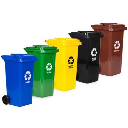 Zestaw 5 koszy na śmieci pojemniki 5x120L niebieski zielony żółty czarny brązowy makulatura szkło plastik odpady zmieszane BIO g MULTISTORE