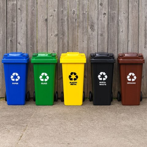 Zestaw 5 koszy na śmieci pojemniki 5x120L niebieski zielony żółty czarny brązowy makulatura szkło plastik odpady zmieszane BIO g MULTISTORE